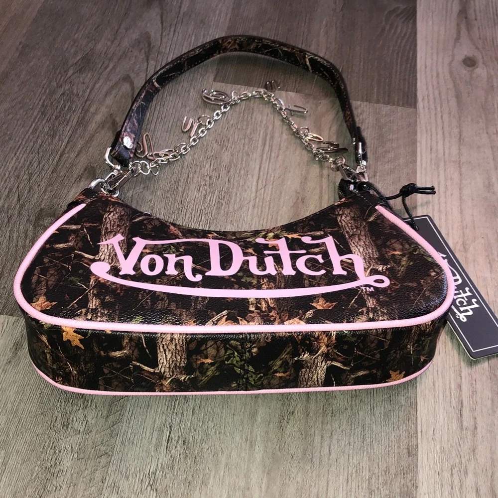 Von Dutch Tree Camo Shoulder Bag Pink Logo & Von Dutch Logo Chain Accent NWT - Picture 9 of 16